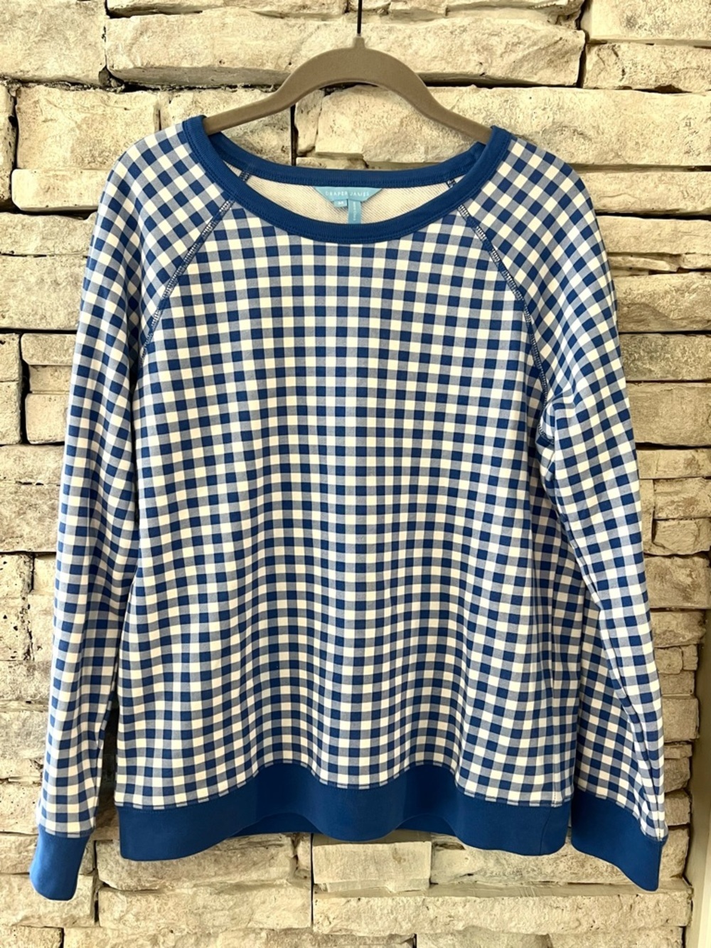 Draper James Blue and White Gingham Crewneck Sweat Shirt Size Medium